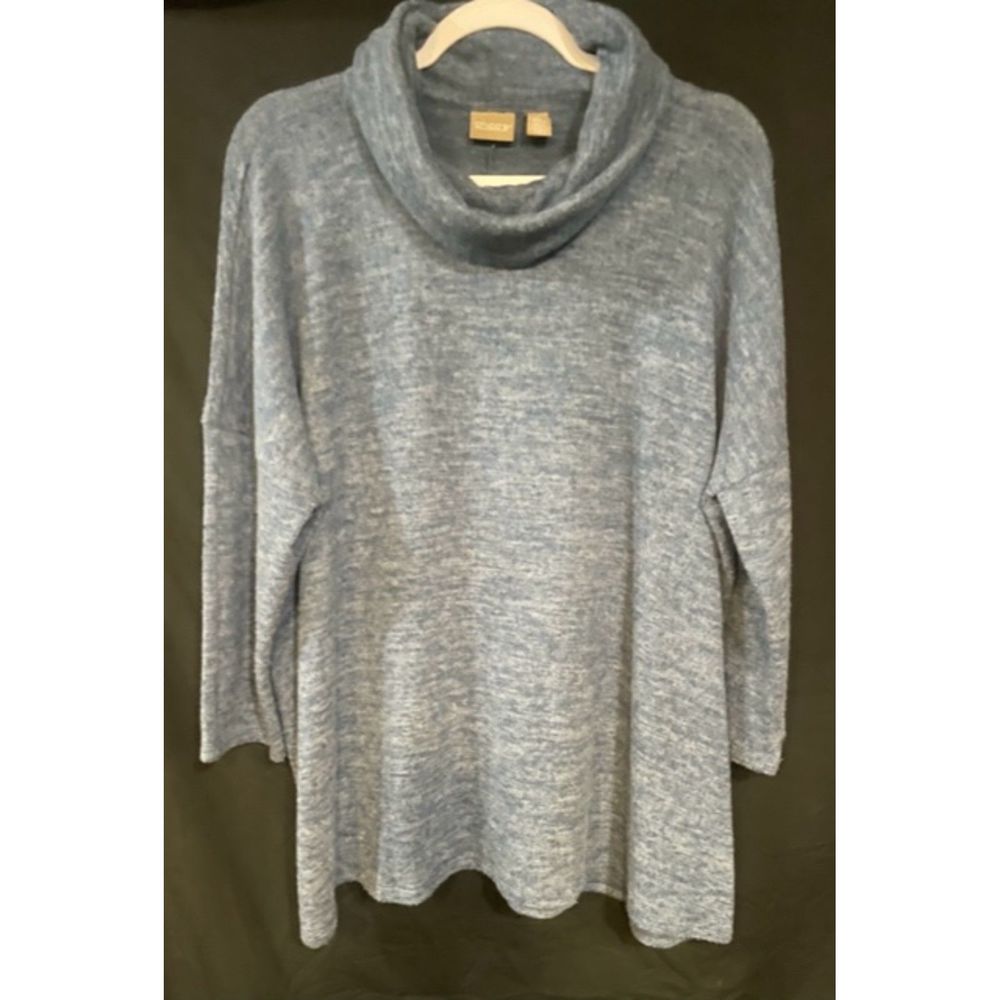 Chico's 2 Heathered Blue Turtleneck  Sweater Drop Shoulder Black Flecks Large